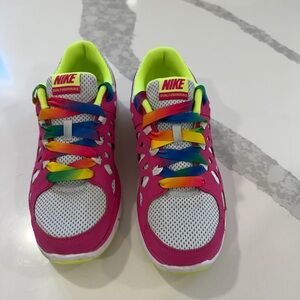 Nike Pink and White Sneakers with Rainbow Laces